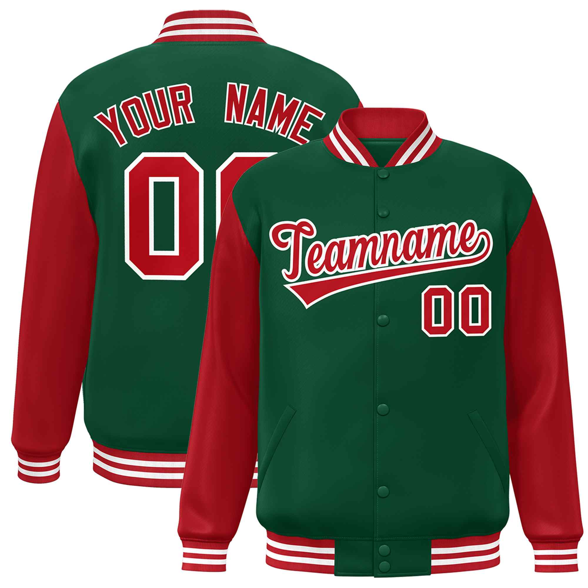 Custom Green Red-White Raglan Sleeves Varsity Full-Snap Letterman Jacket