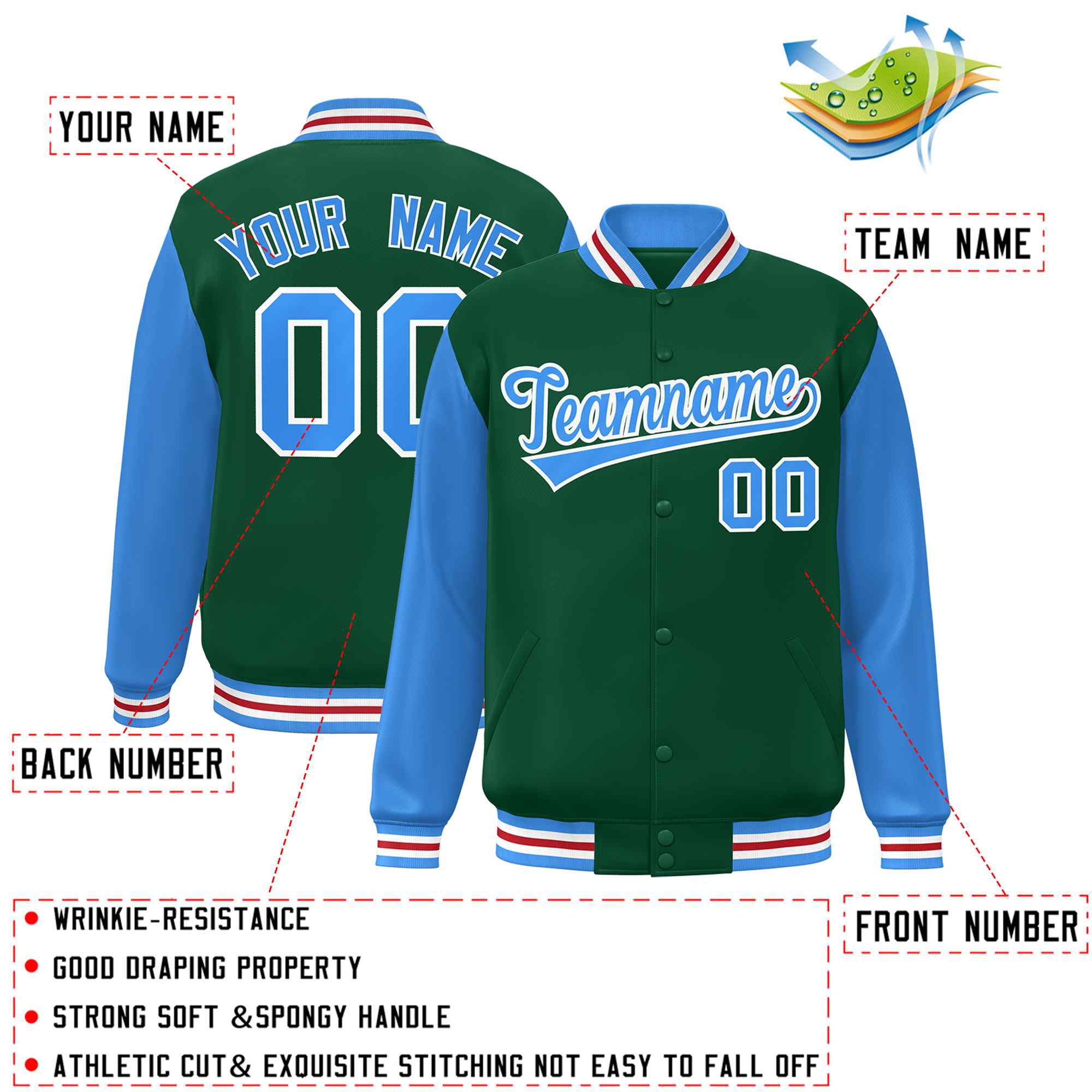 Custom Green Powder Blue-White Raglan Sleeves Varsity Full-Snap Letterman Jacket