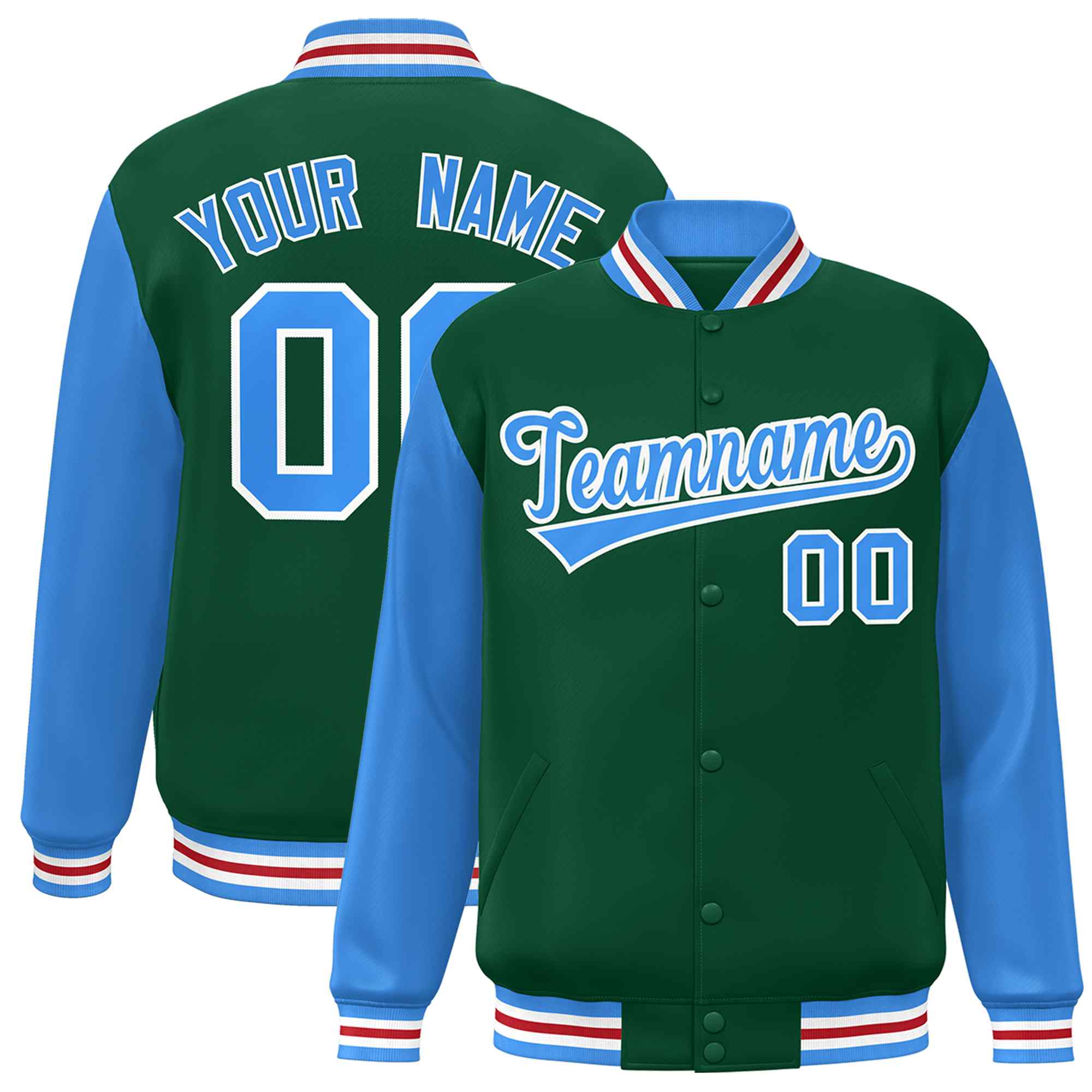 Custom Green Powder Blue-White Raglan Sleeves Varsity Full-Snap Letterman Jacket