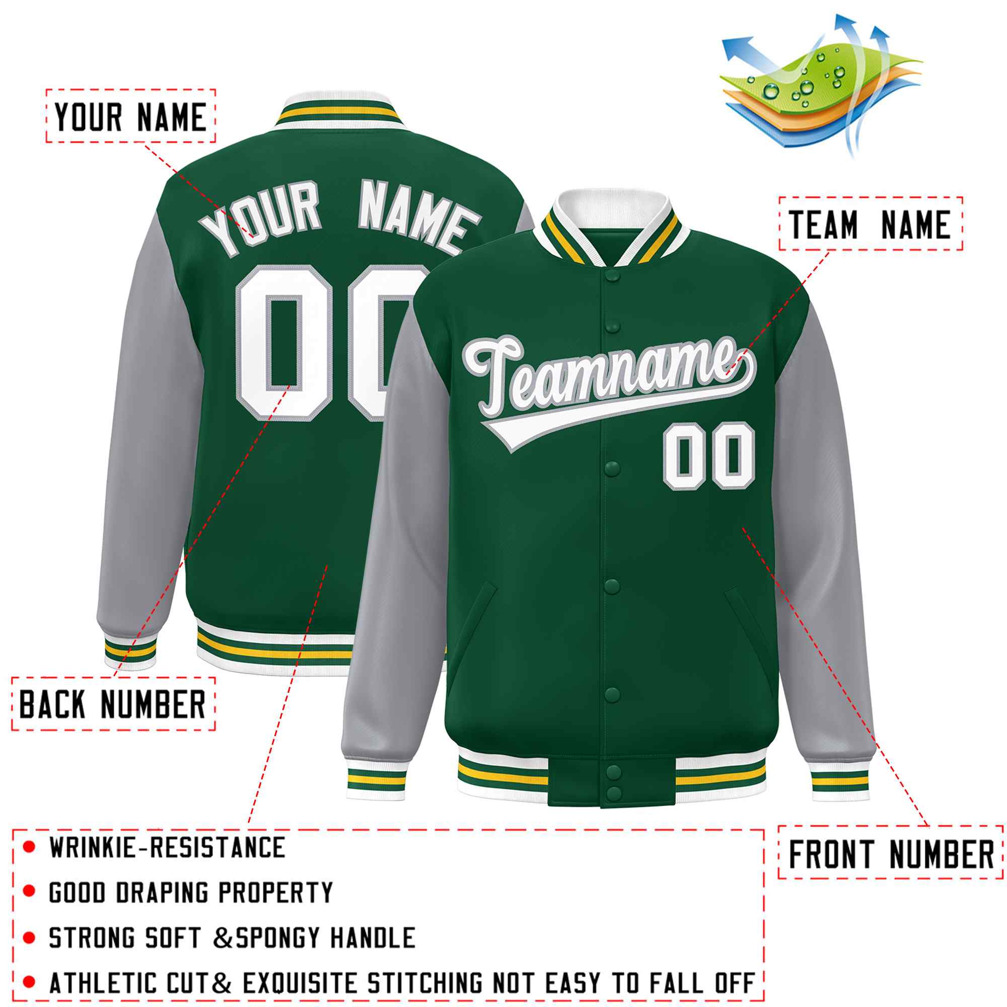 Custom Green White-Green Raglan Sleeves Varsity Full-Snap Letterman Jacket