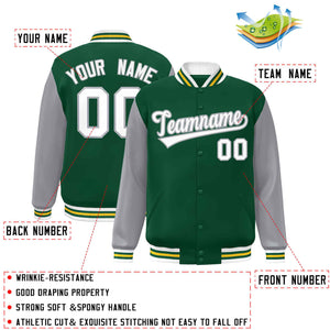 Veste Letterman Varsity Full-Snap à manches raglan vert blanc-vert personnalisée