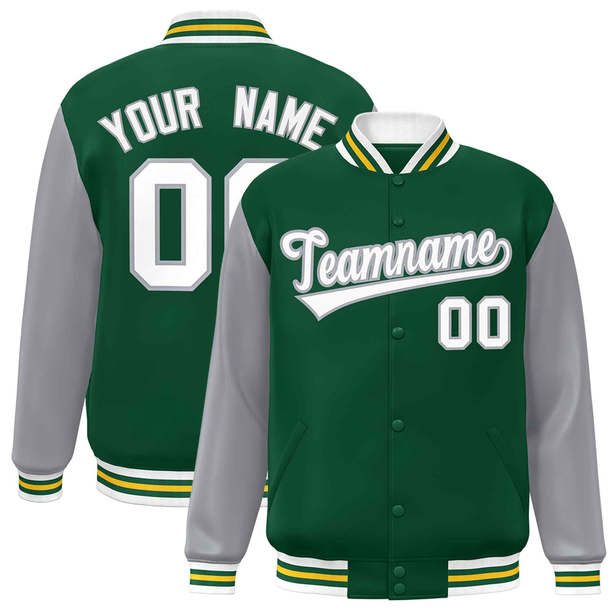 Custom Green White-Green Raglan Sleeves Varsity Full-Snap Letterman Jacket