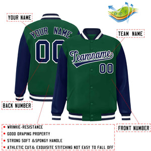 Veste Letterman Varsity Full-Snap à manches raglan personnalisées vert marine-blanc