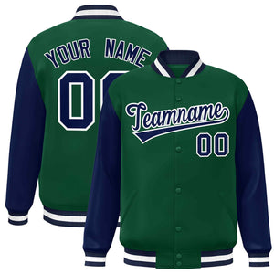 Veste Letterman Varsity Full-Snap à manches raglan personnalisées vert marine-blanc