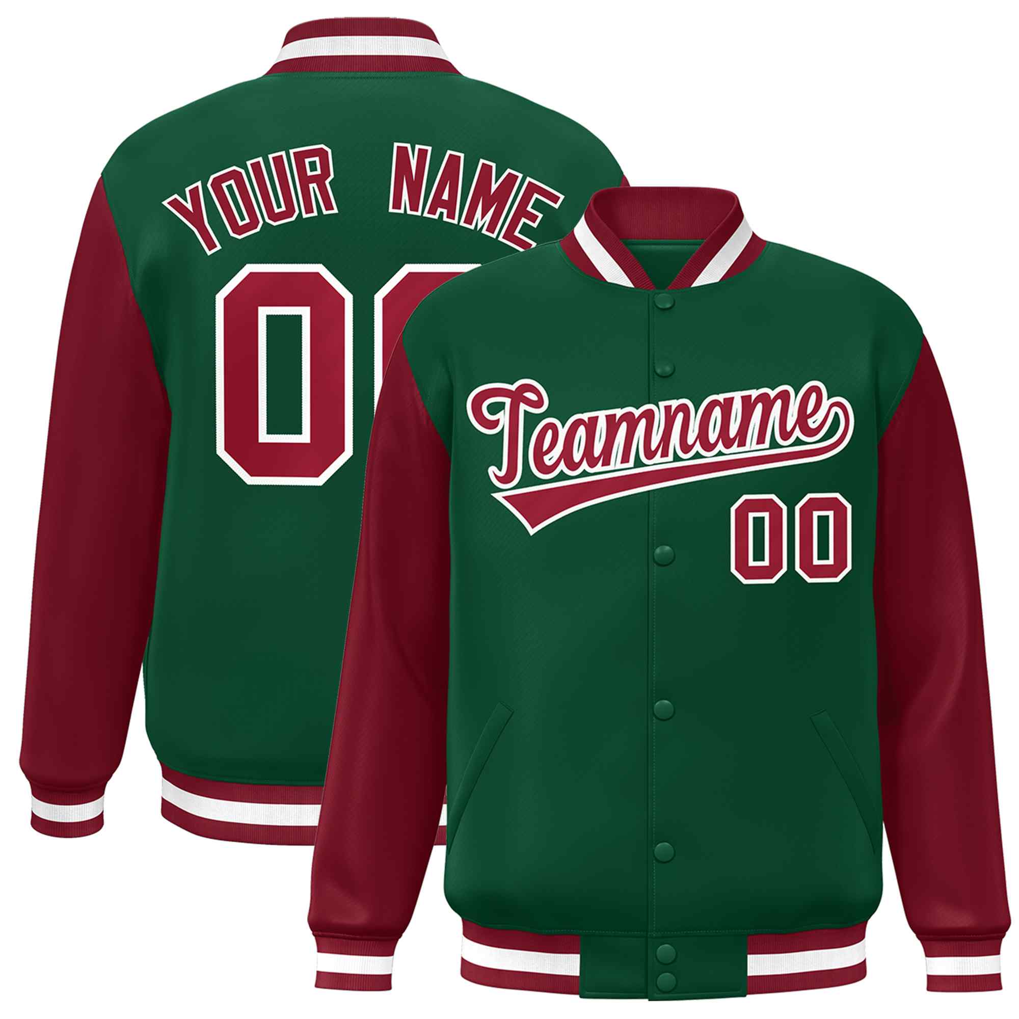 Custom Green Crimson-White Raglan Sleeves Varsity Full-Snap Letterman Jacket