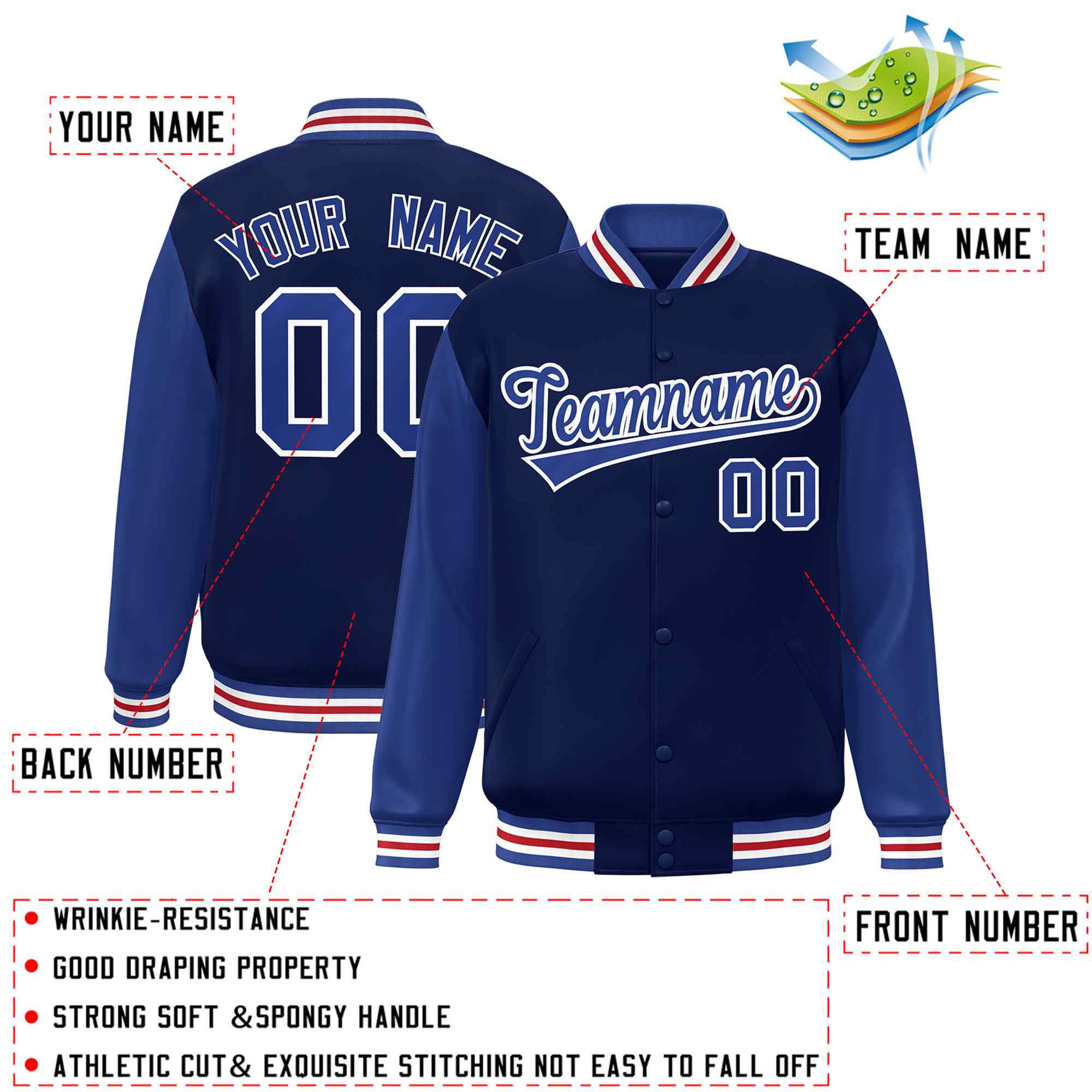 Custom Navy Royal-White Raglan Sleeves Varsity Full-Snap Letterman Jacket