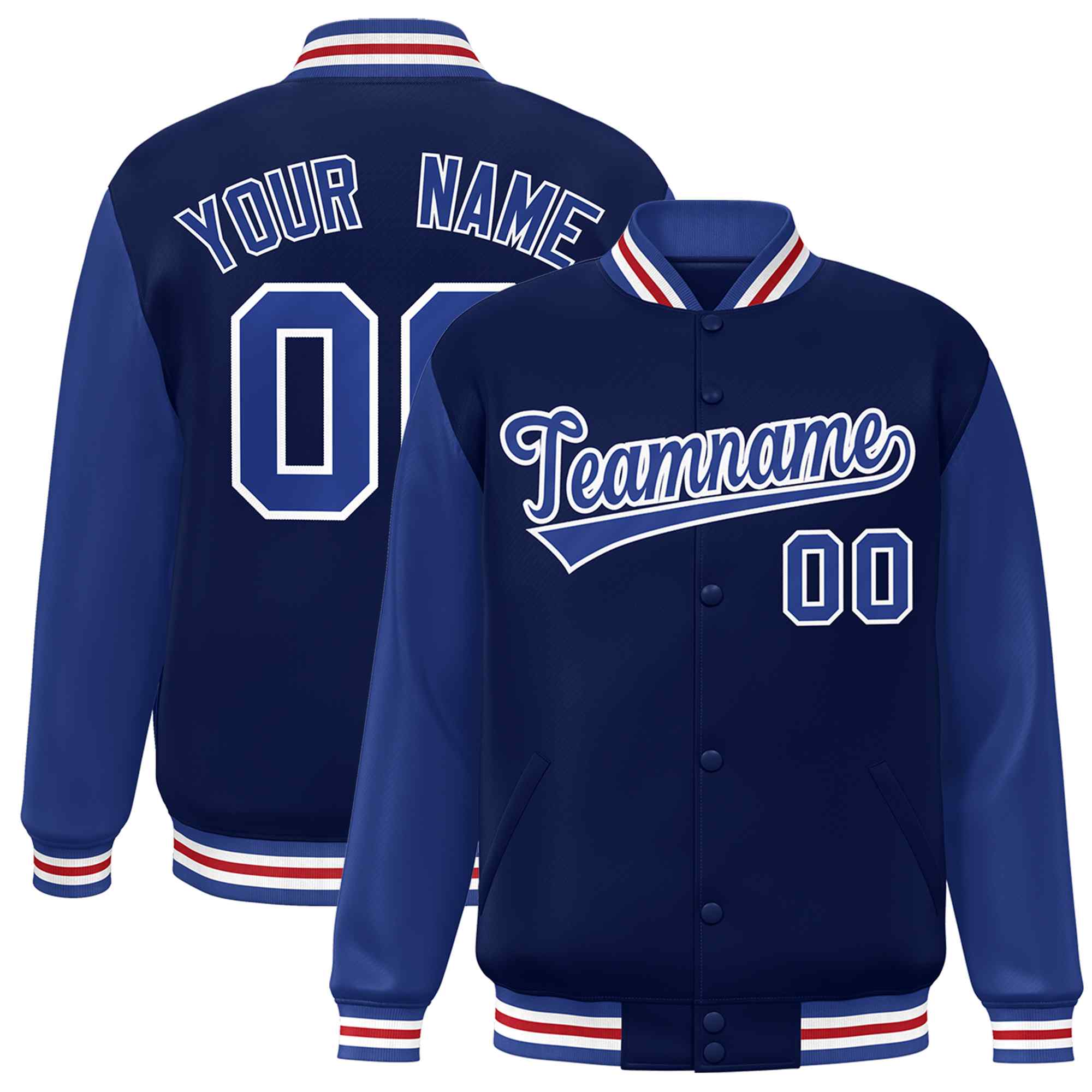 Veste Letterman Varsity Full-Snap à manches raglan bleu marine et blanc personnalisée