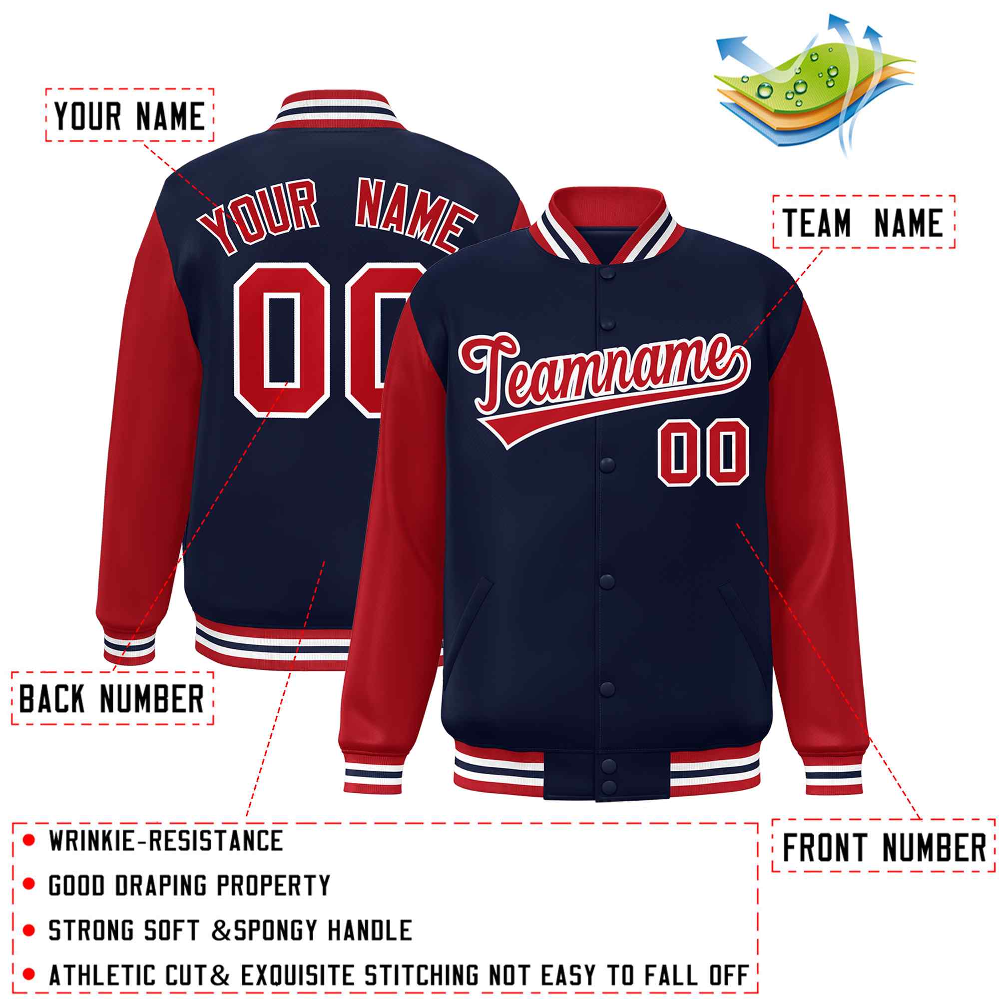 Custom Navy Red-White Raglan Sleeves Varsity Full-Snap Letterman Jacket