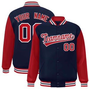 Veste Letterman Varsity Full-Snap à manches raglan personnalisées bleu marine et blanc