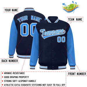 Custom Navy Powder Blue-White Raglan Sleeves Varsity Full-Snap Letterman Jacket