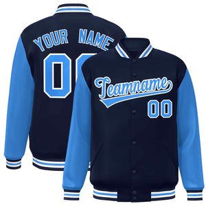 Custom Navy Powder Blue-White Raglan Sleeves Varsity Full-Snap Letterman Jacket