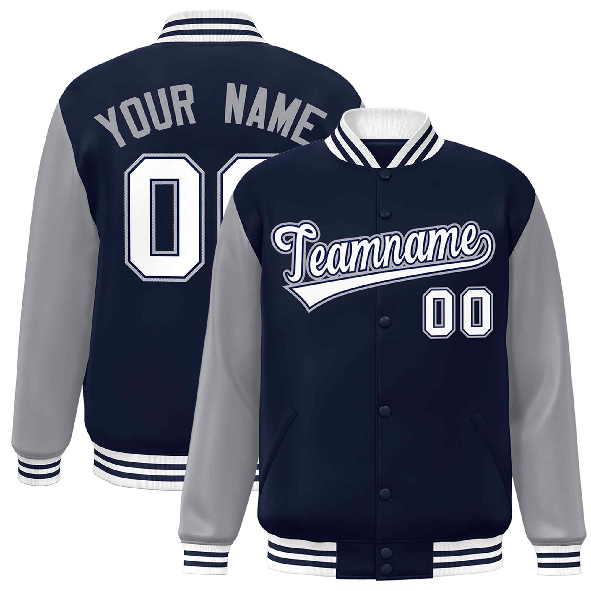 Veste Letterman universitaire à manches raglan blanc-marine personnalisée