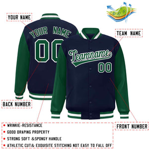 Custom Navy Green-White Raglan Sleeves Varsity Full-Snap Letterman Jacket