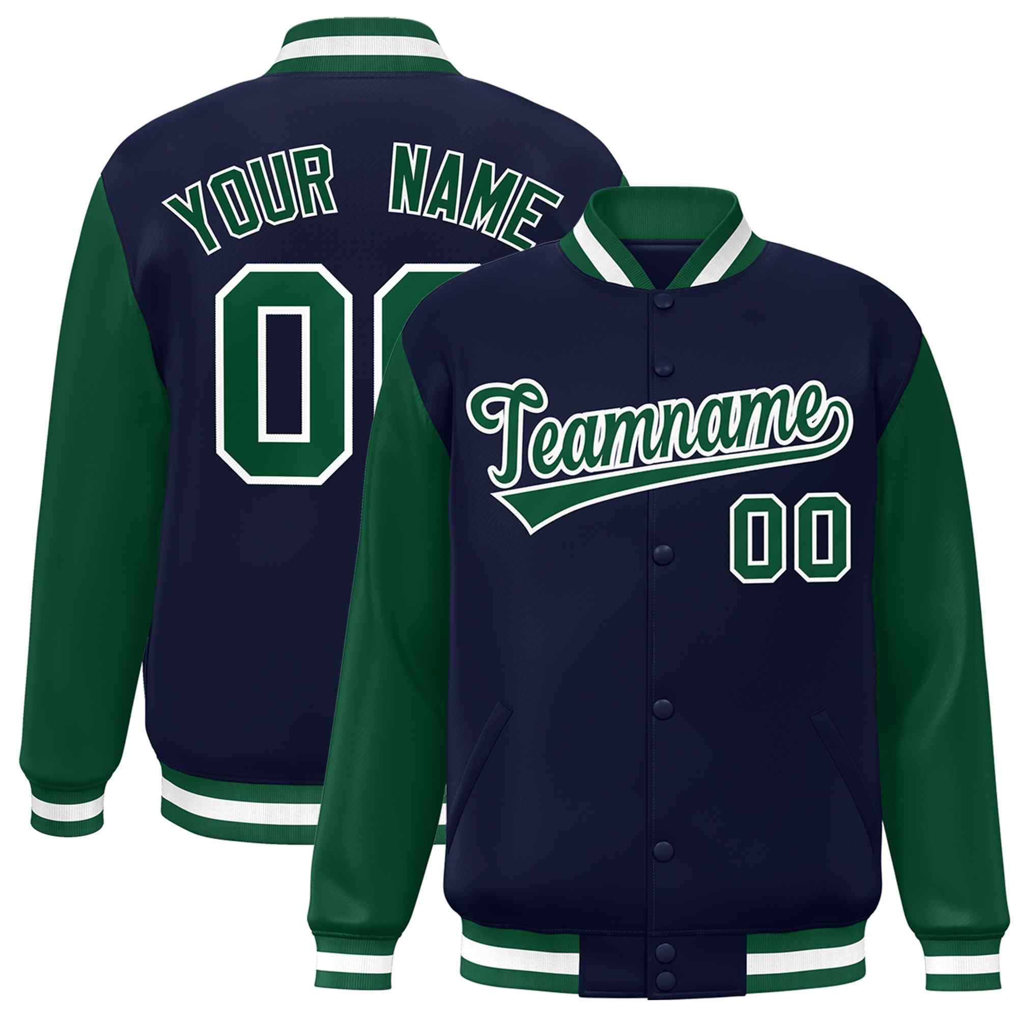 Custom Navy Green-White Raglan Sleeves Varsity Full-Snap Letterman Jacket