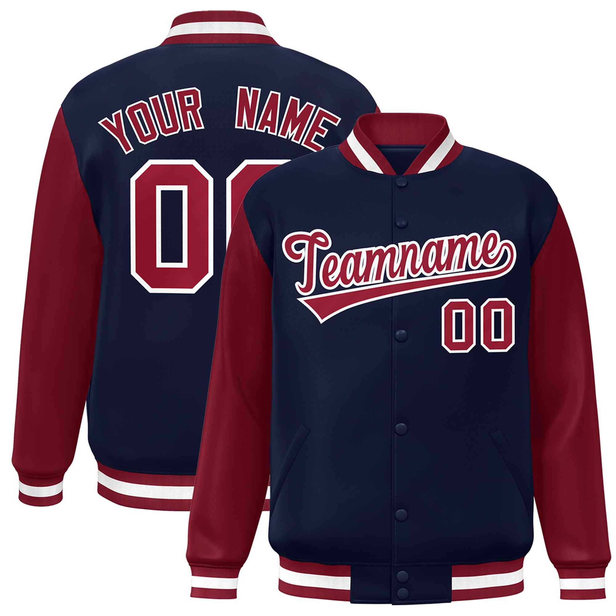 Custom Navy Crimson-White Raglan Sleeves Varsity Full-Snap Letterman Jacket