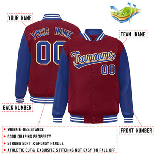 Custom Crimson Royal-Khaki Raglan Sleeves Varsity Full-Snap Letterman Jacket