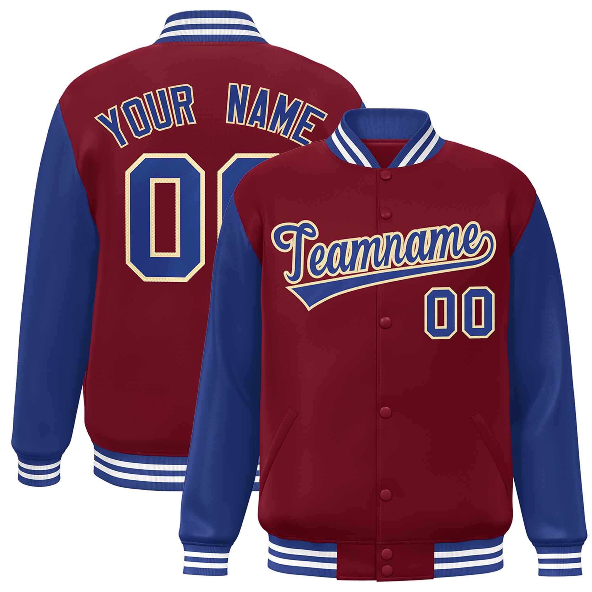 Veste Letterman Varsity Full-Snap Custom Crimson Royal-Khaki à manches raglan