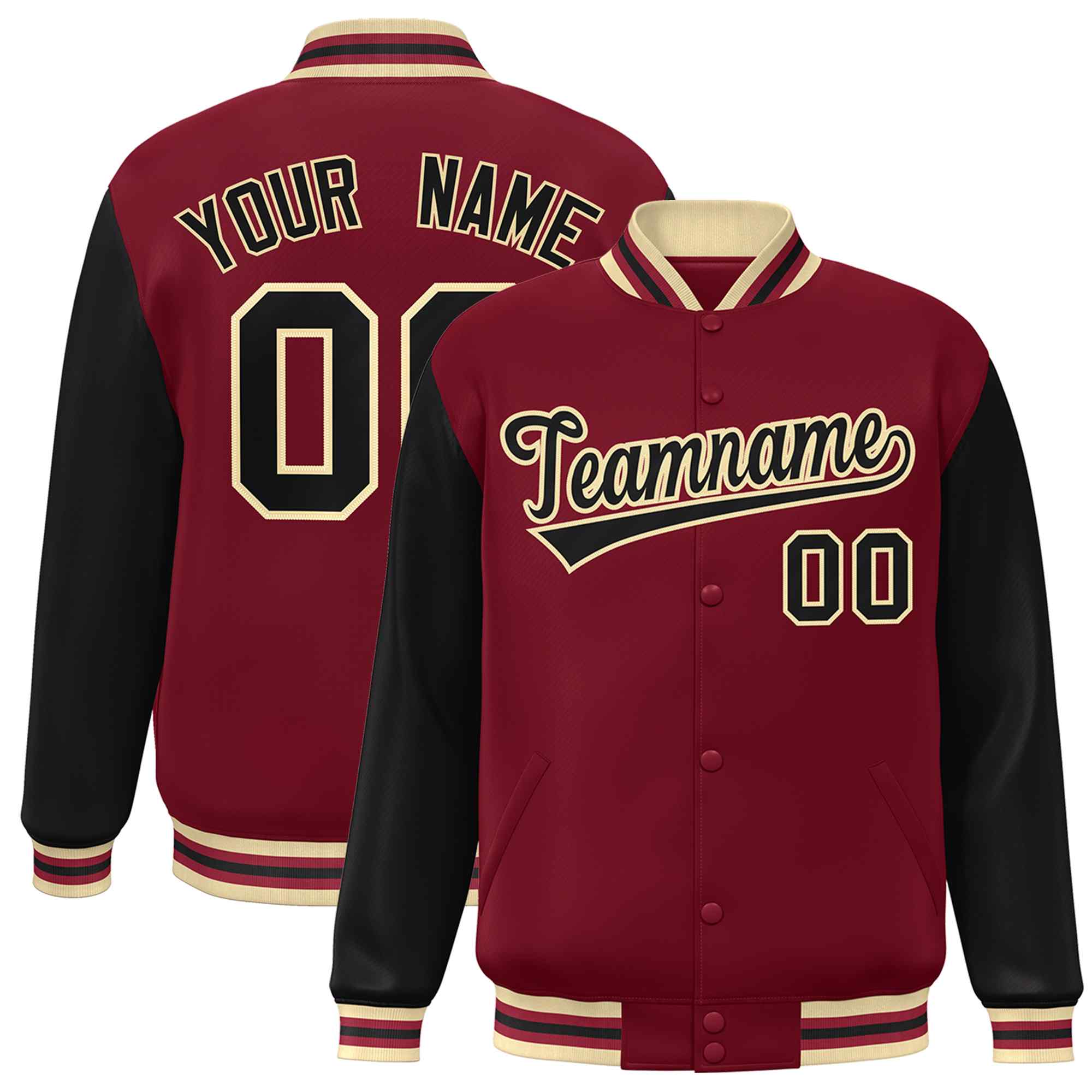 Custom Crimson Black-Khaki Raglan Sleeves Varsity Full-Snap Letterman Jacket