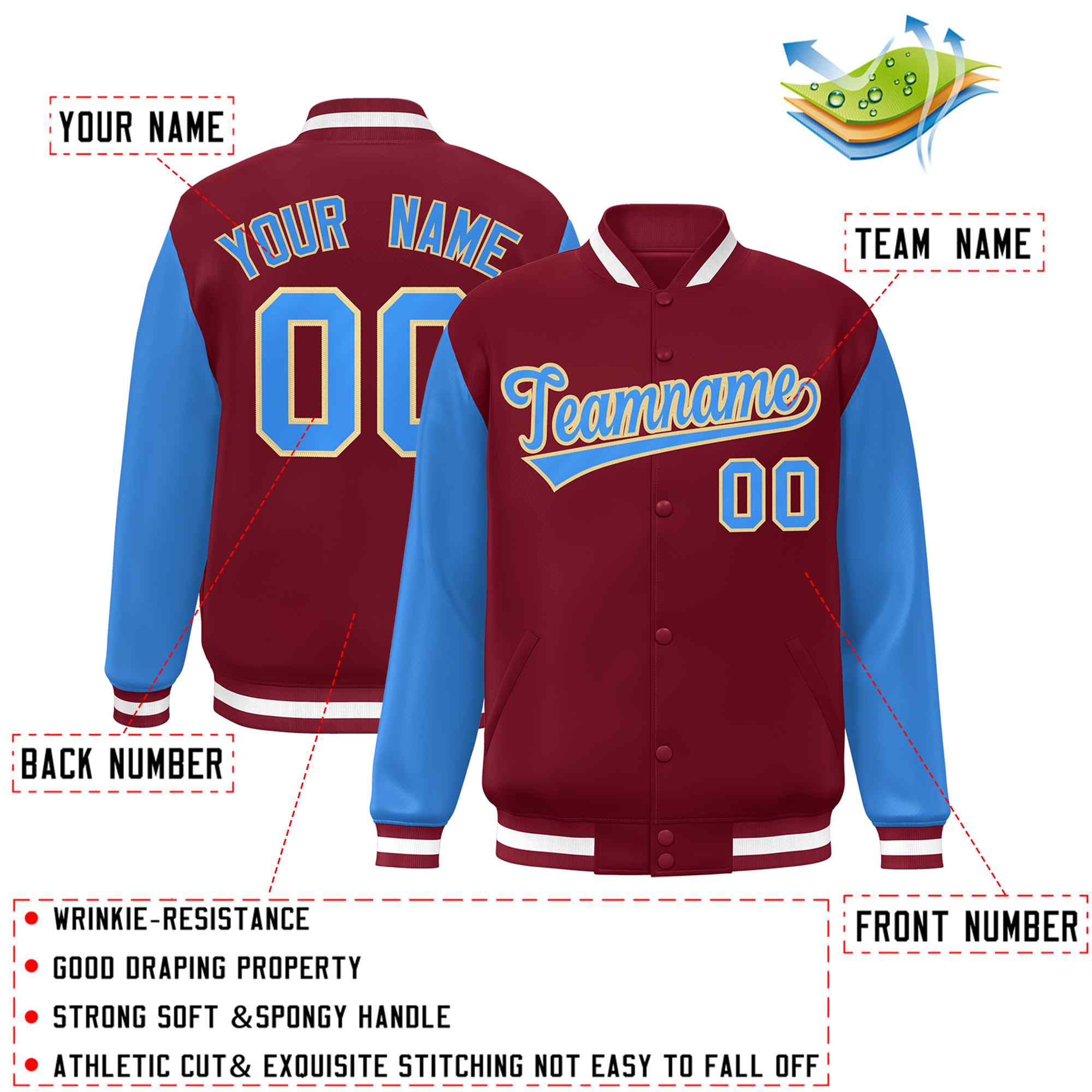 Veste Letterman Varsity Full-Snap à manches raglan bleu-kaki poudre cramoisie personnalisée