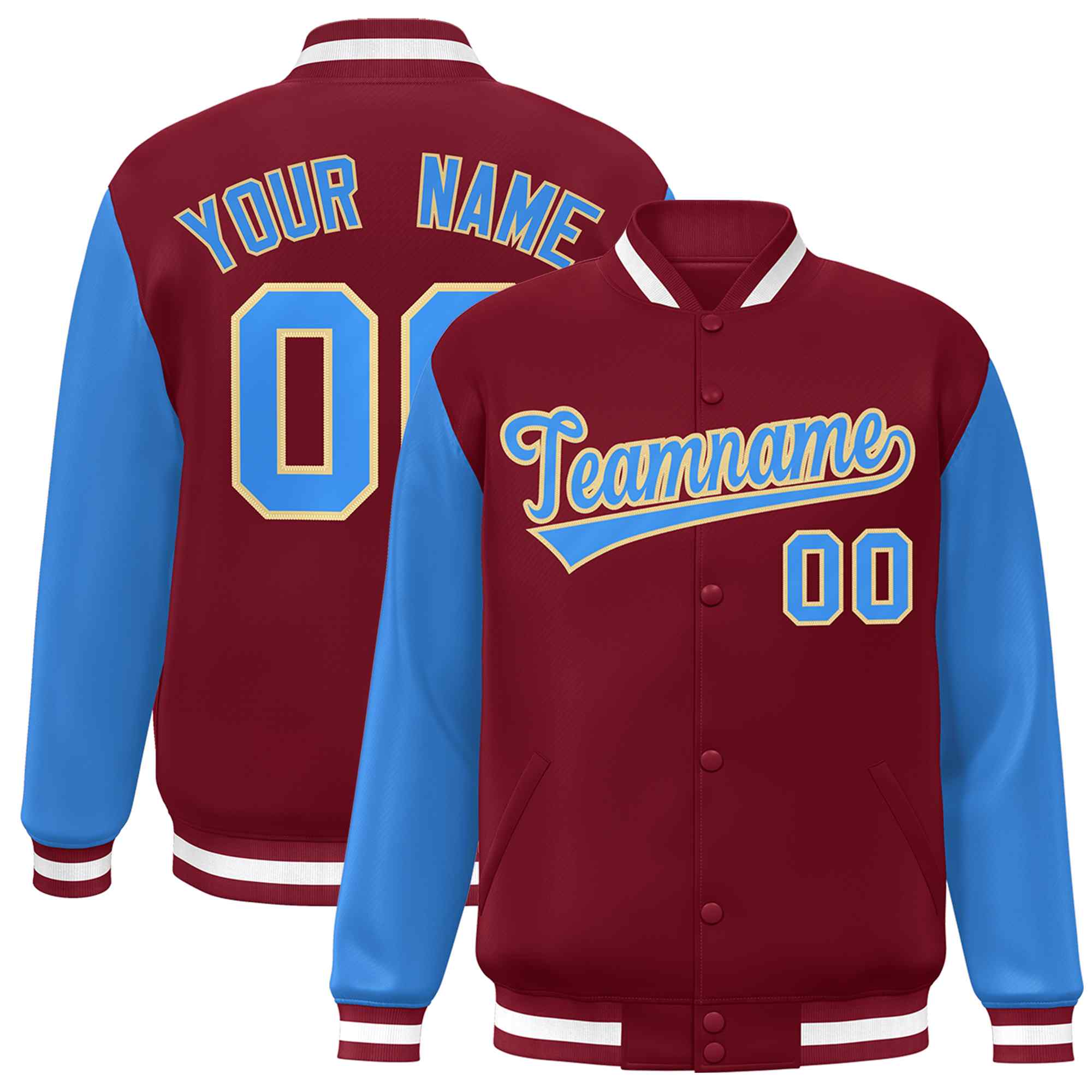 Veste Letterman Varsity Full-Snap à manches raglan bleu-kaki poudre cramoisie personnalisée