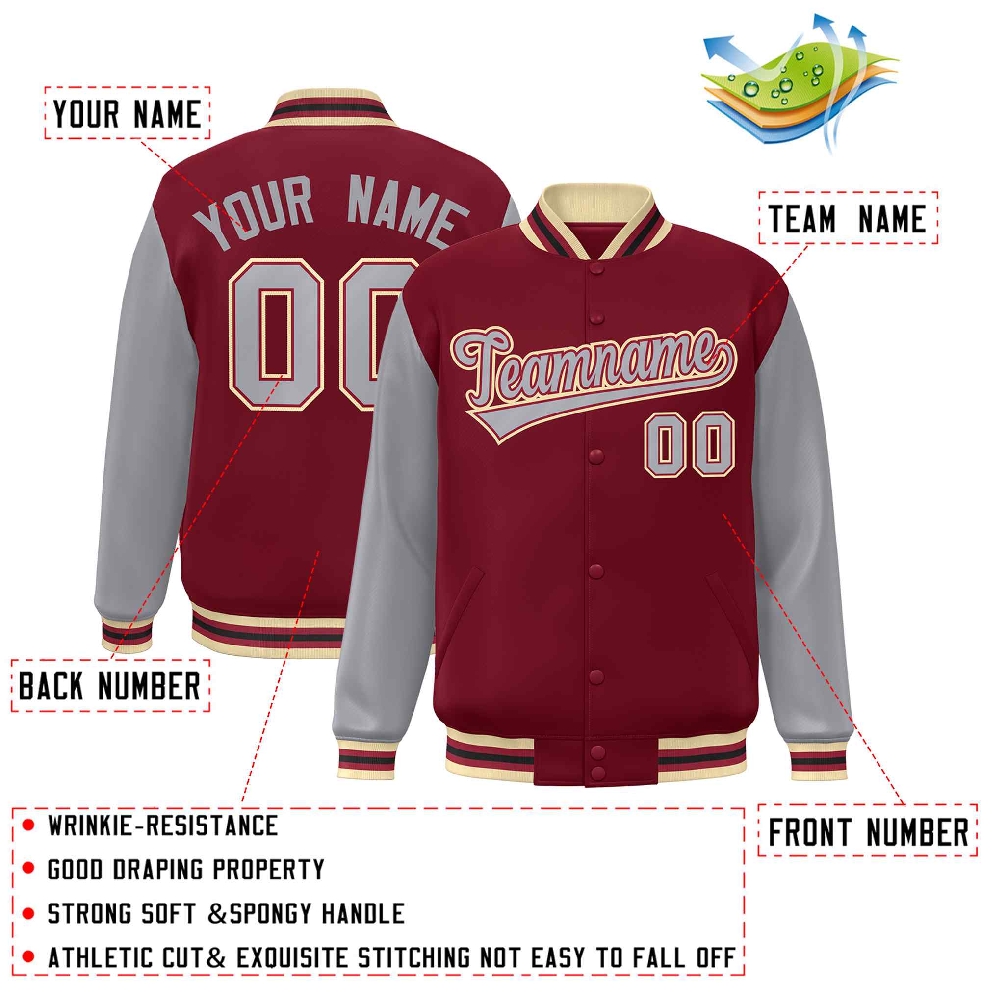 Custom Crimson Gray-Crimson Raglan Sleeves Varsity Full-Snap Letterman Jacket