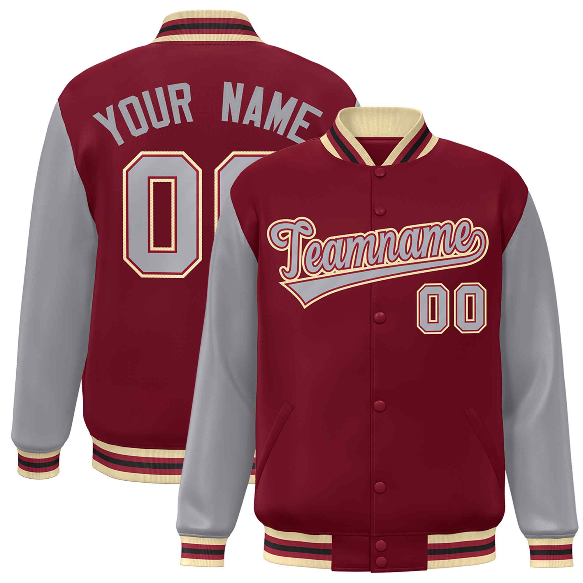 Custom Crimson Gray-Crimson Raglan Sleeves Varsity Full-Snap Letterman Jacket