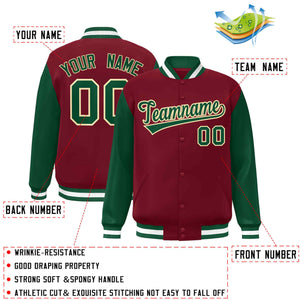 Custom Crimson Green-Khaki Raglan Sleeves Varsity Full-Snap Letterman Jacket