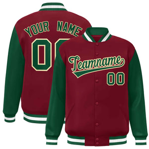 Custom Crimson Green-Khaki Raglan Sleeves Varsity Full-Snap Letterman Jacket