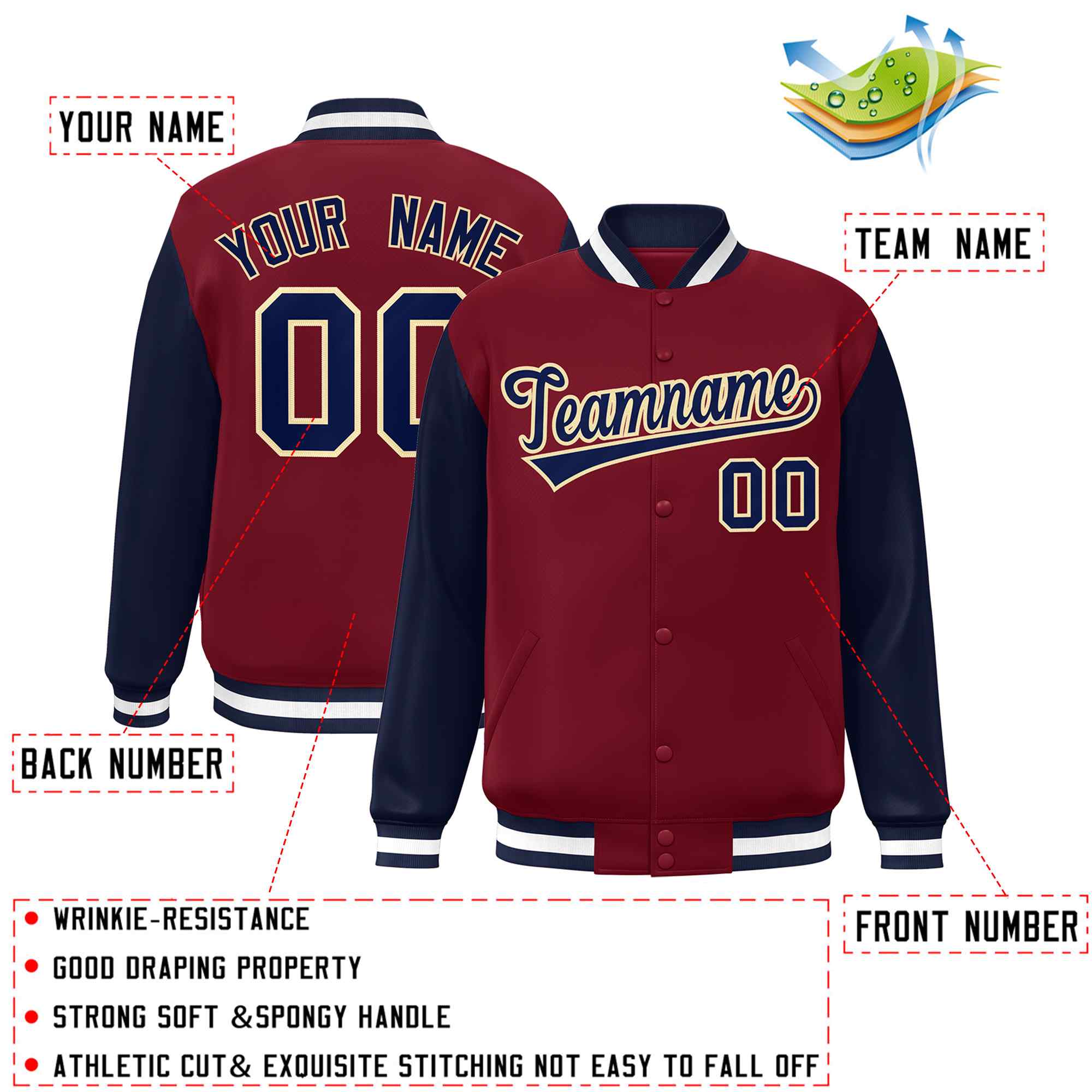 Custom Crimson Navy-Khaki Raglan Sleeves Varsity Full-Snap Letterman Jacket