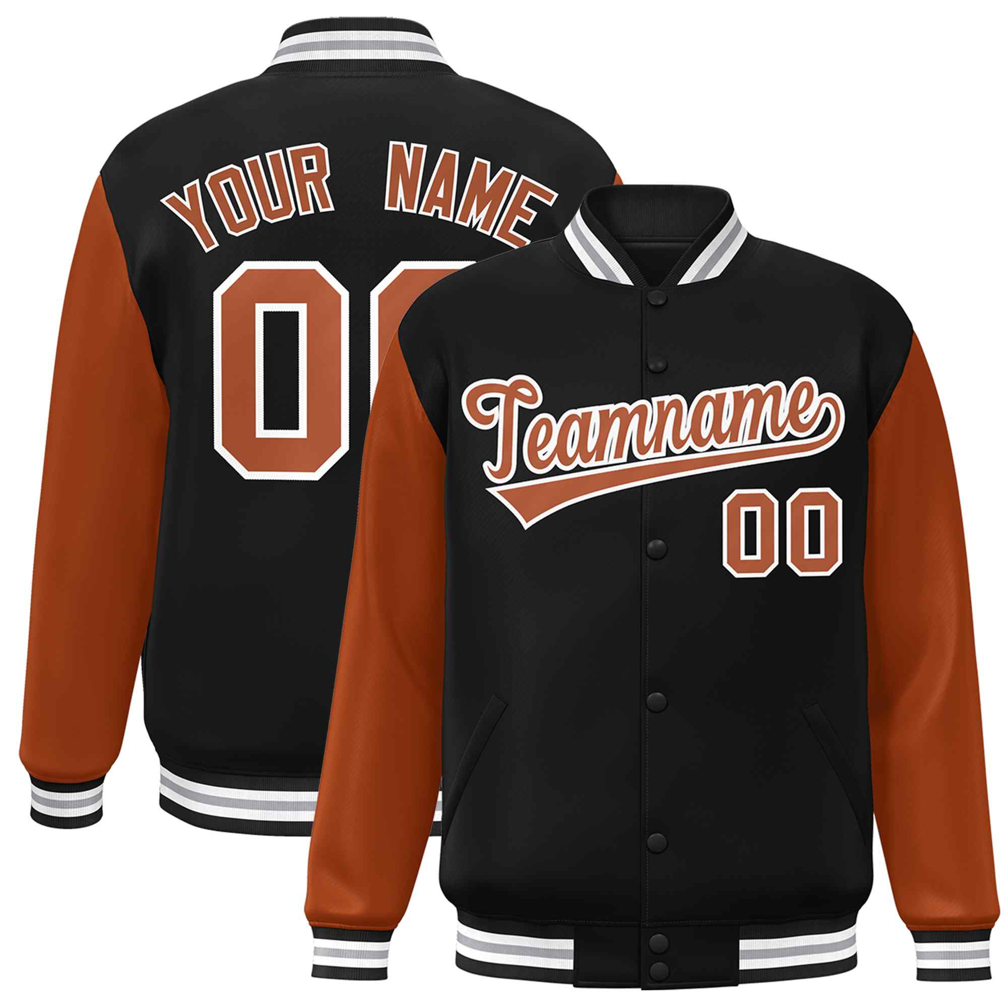 Veste Letterman Varsity Full-Snap Custom Black Texas Orange-Blanc à manches raglan