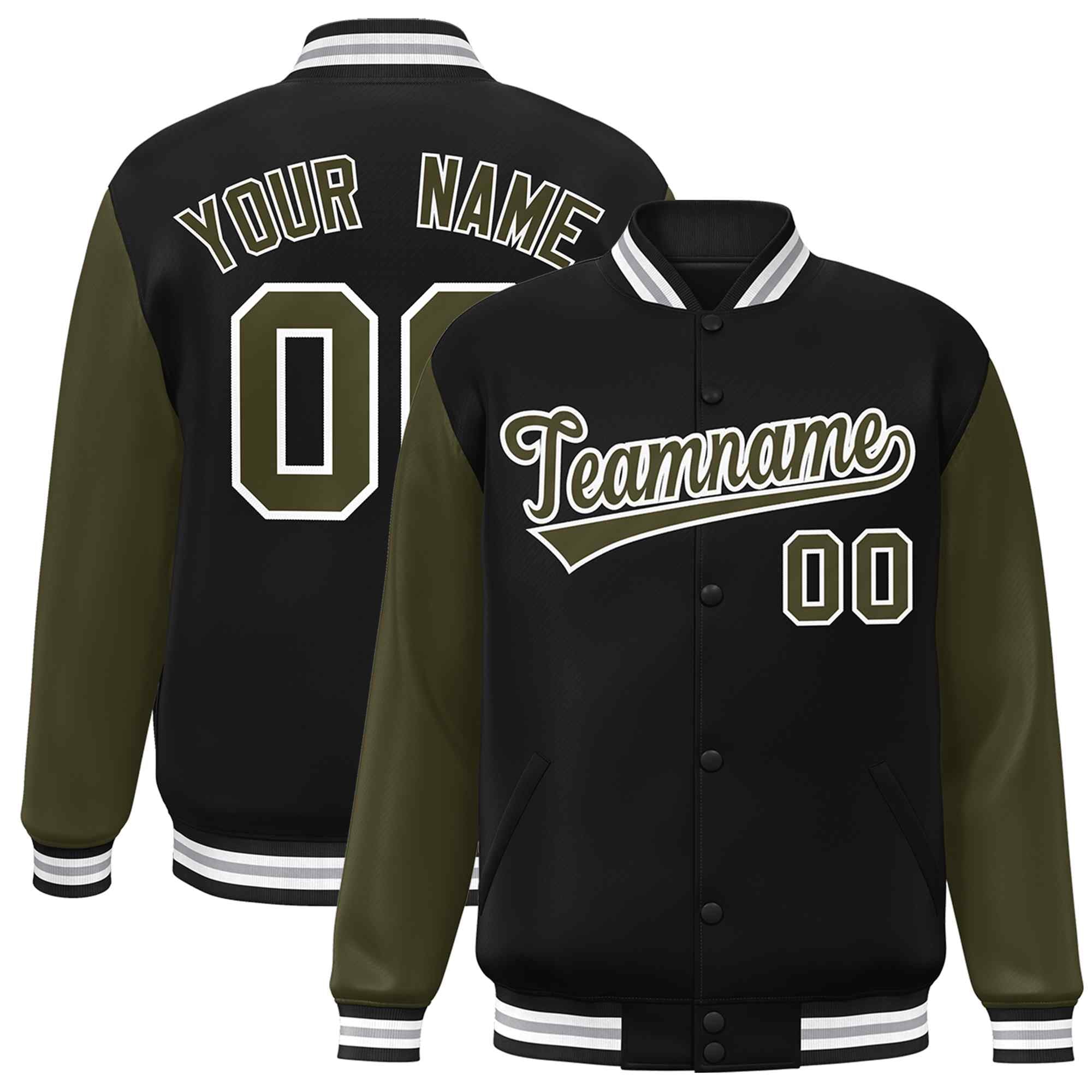 Custom Black Olive-White Raglan Sleeves Varsity Full-Snap Letterman Jacket