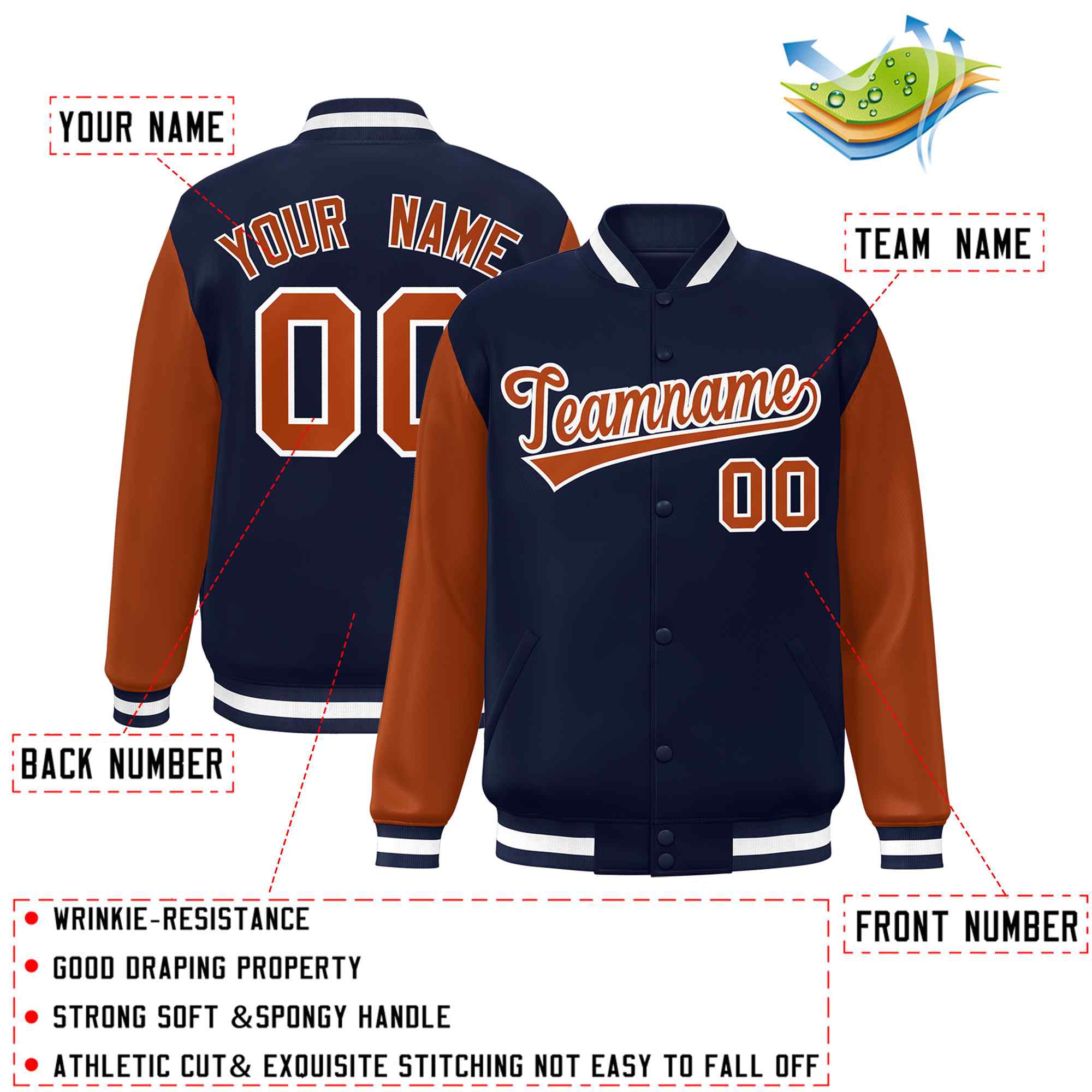 Veste Letterman universitaire à manches raglan orange-blanc bleu marine personnalisée