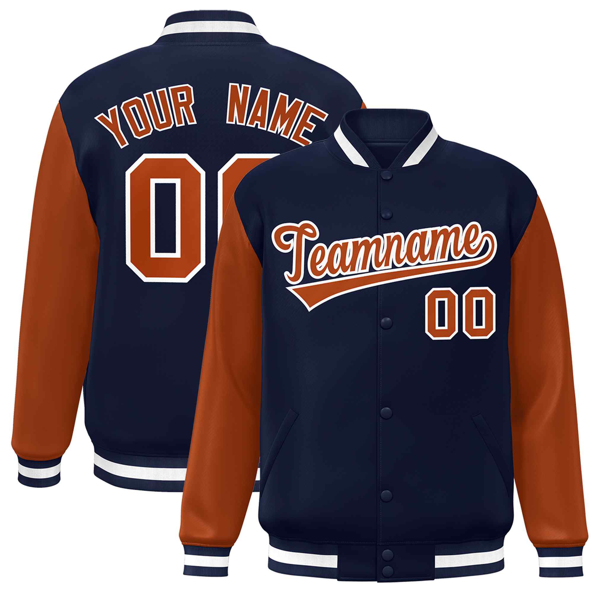 Veste Letterman universitaire à manches raglan orange-blanc bleu marine personnalisée