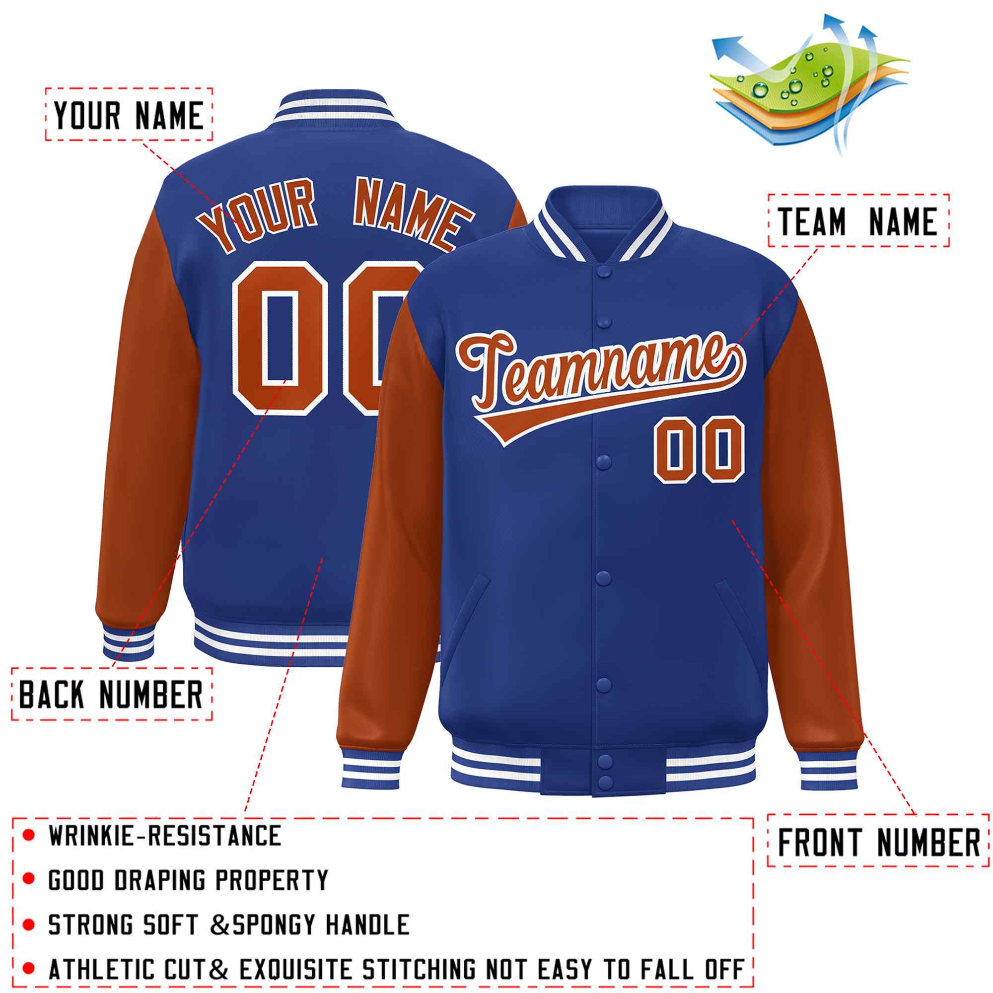 Custom Royal Texas Orange-White Raglan Sleeves Varsity Full-Snap Letterman Jacket