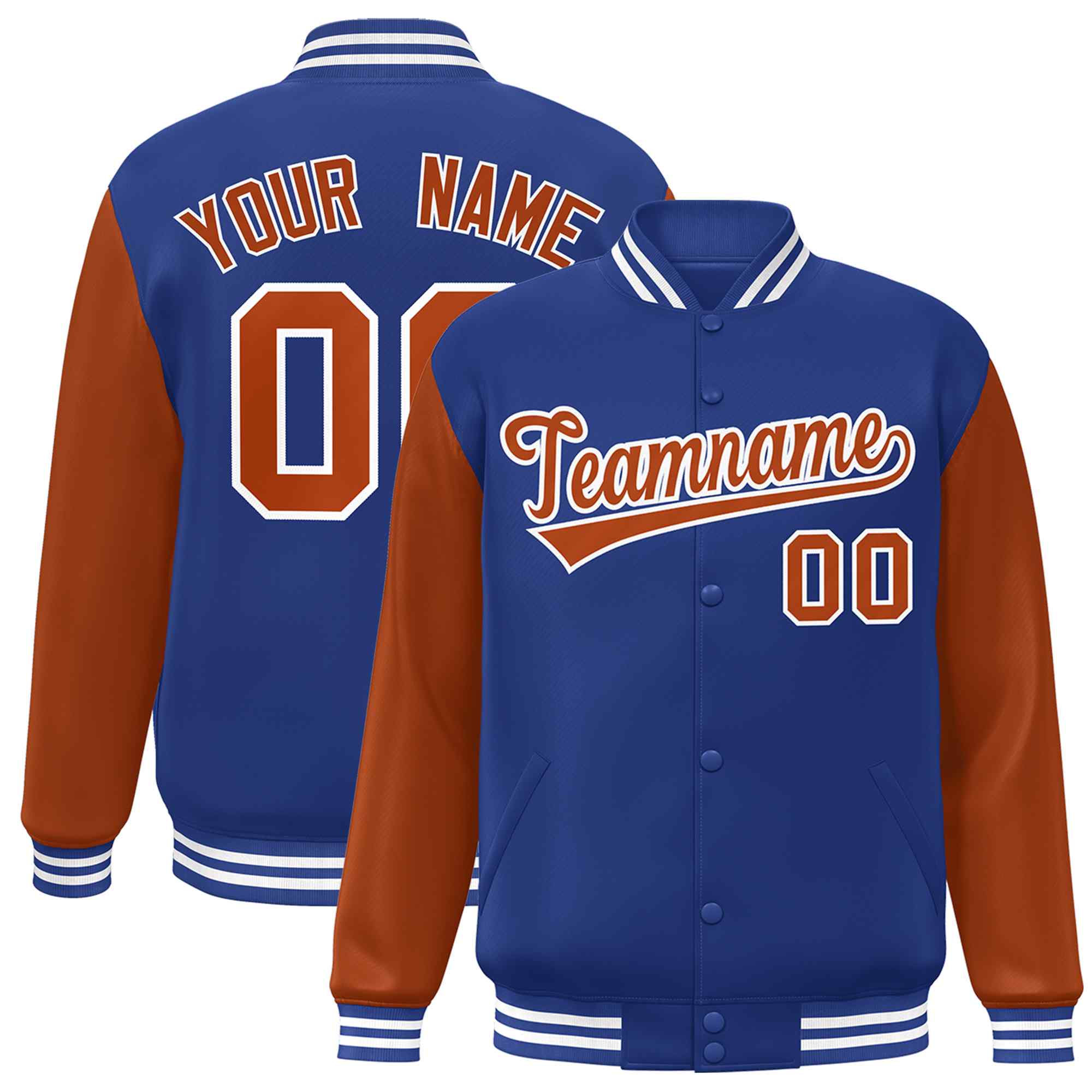 Custom Royal Texas Orange-White Raglan Sleeves Varsity Full-Snap Letterman Jacket