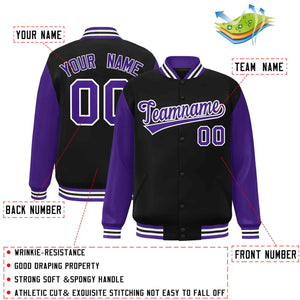 Veste Letterman Varsity Full-Snap à manches raglan personnalisées noir violet-blanc