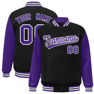 Veste Letterman Varsity Full-Snap à manches raglan personnalisées noir violet-blanc