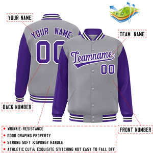 Custom Gray Purple-White Raglan Sleeves Varsity Full-Snap Letterman Jacket