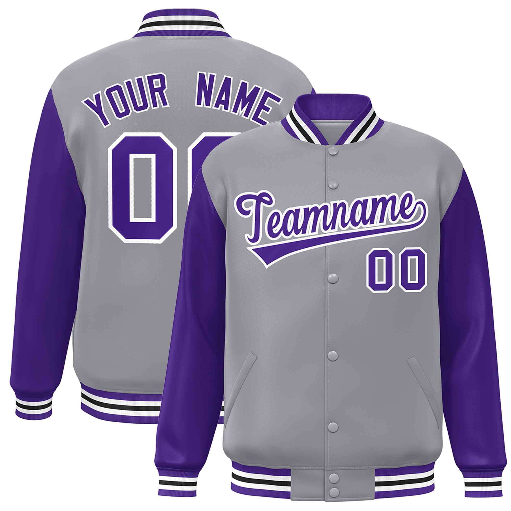 Veste Letterman Varsity Full-Snap à manches raglan gris violet-blanc personnalisée