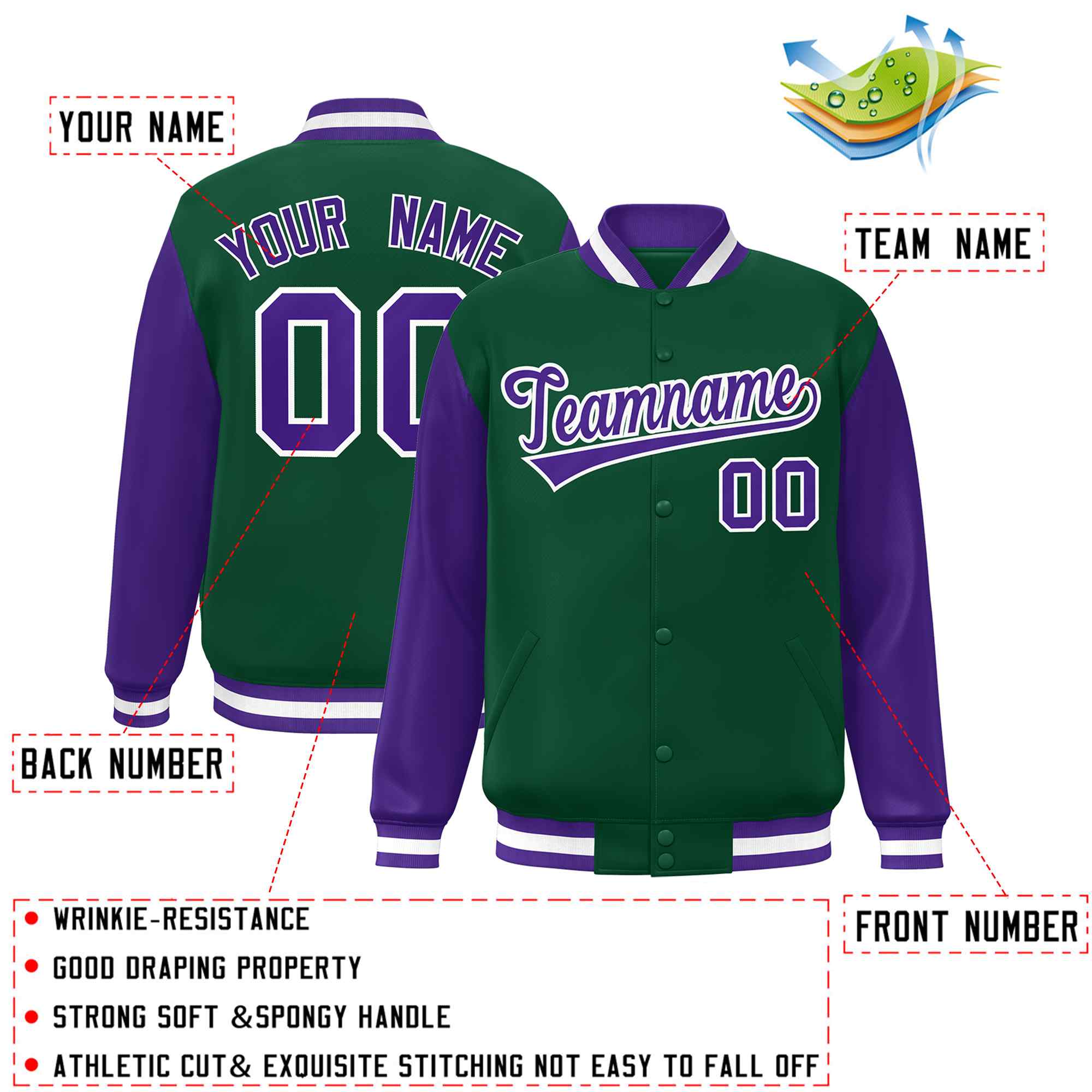 Veste Letterman Varsity Full-Snap à manches raglan personnalisées vert violet-blanc