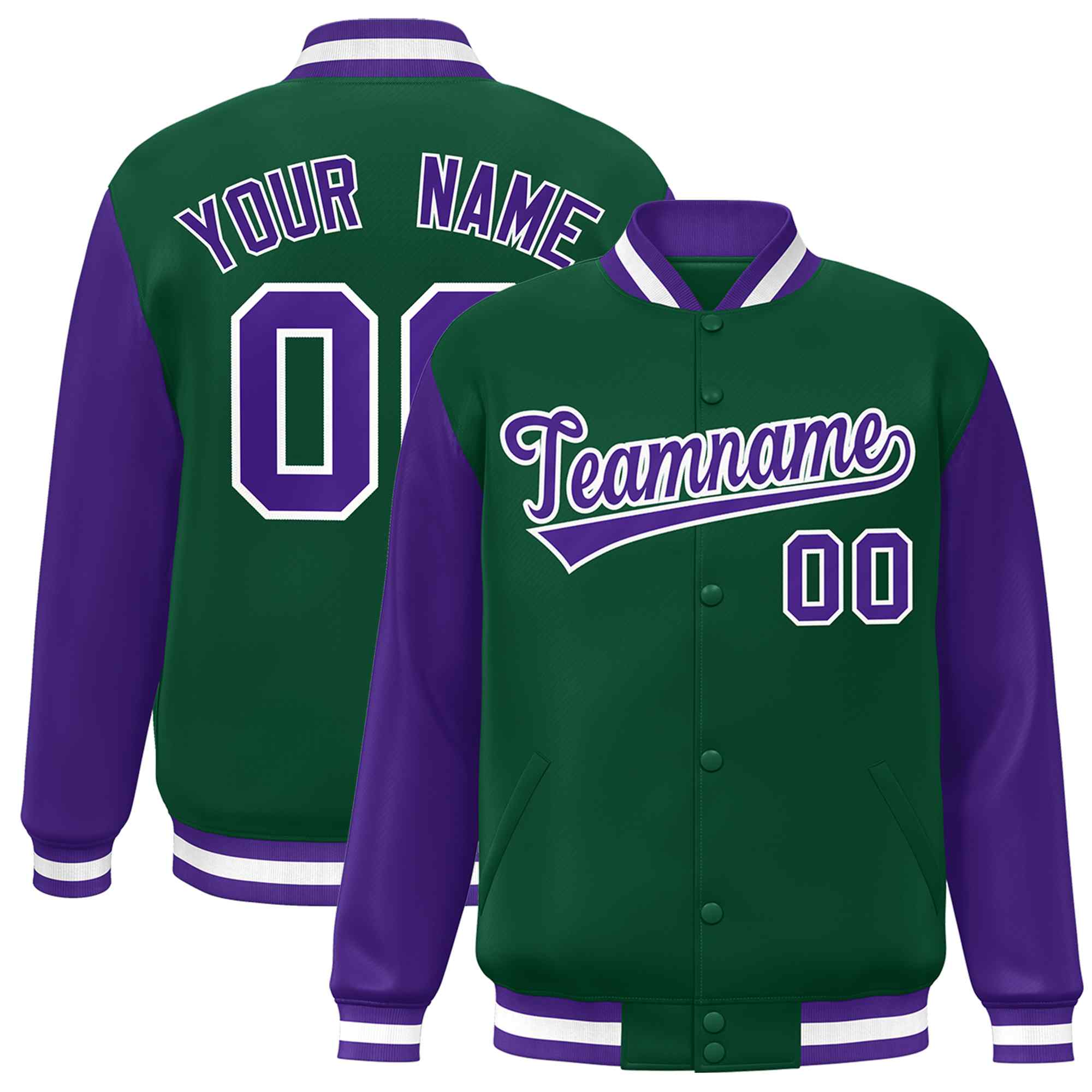 Veste Letterman Varsity Full-Snap à manches raglan personnalisées vert violet-blanc