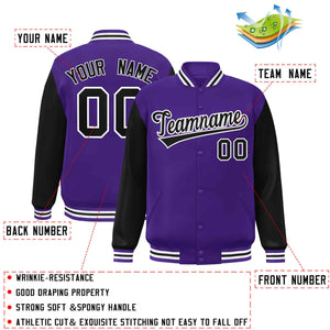 Veste Letterman Varsity Full-Snap à manches raglan violet noir-blanc personnalisée