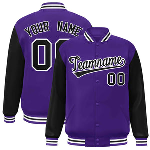 Veste Letterman Varsity Full-Snap à manches raglan violet noir-blanc personnalisée