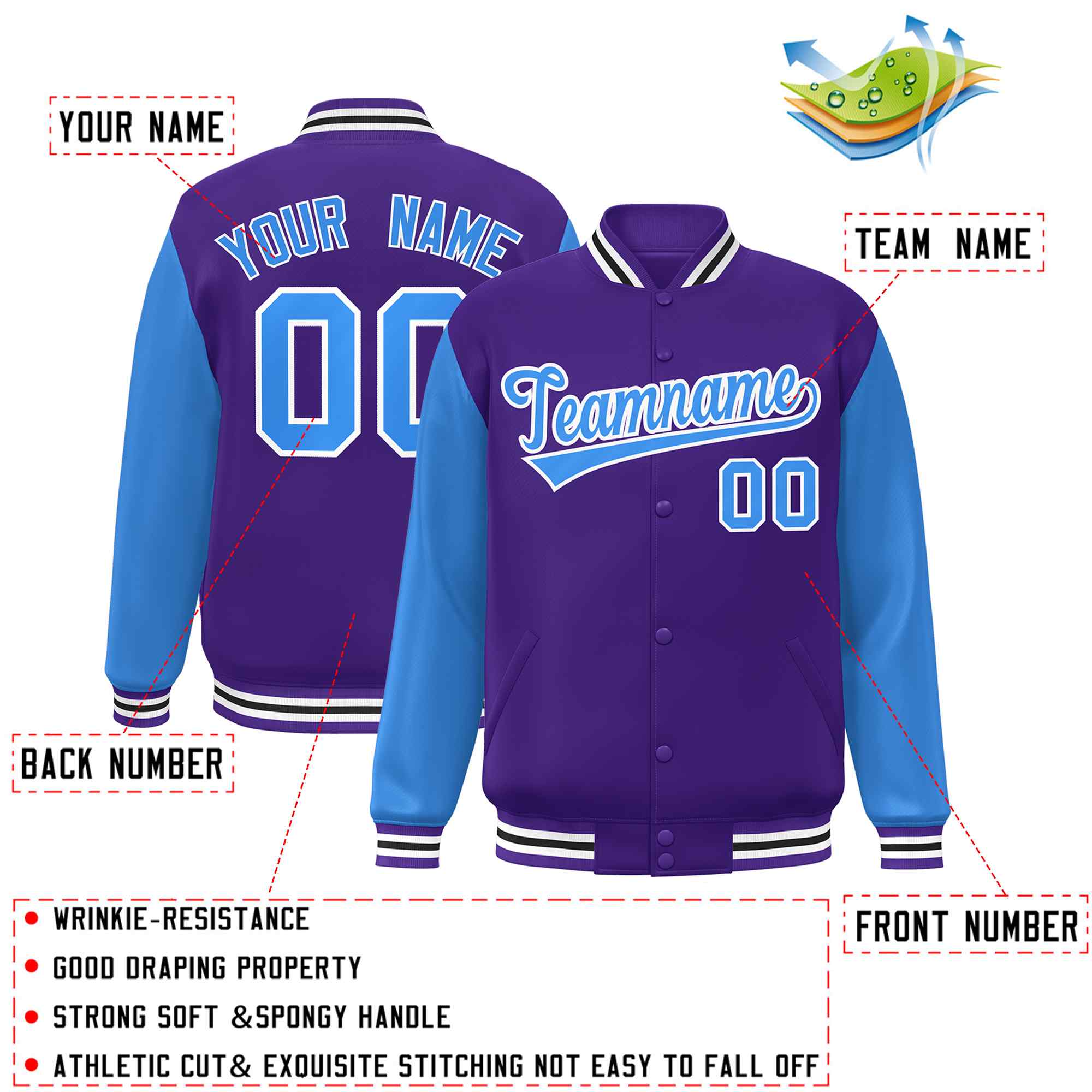 Veste Letterman Varsity Full-Snap à manches raglan bleu-blanc violet personnalisée