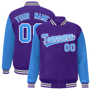 Veste Letterman Varsity Full-Snap à manches raglan bleu-blanc violet personnalisée