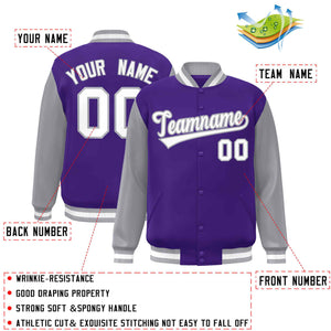 Custom Purple White-Gray Raglan Sleeves Varsity Full-Snap Letterman Jacket