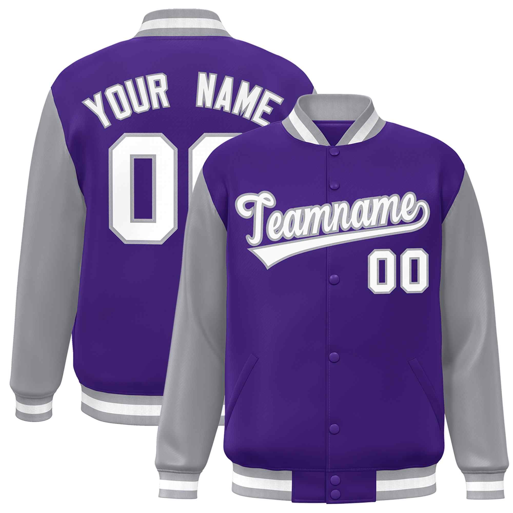 Custom Purple White-Gray Raglan Sleeves Varsity Full-Snap Letterman Jacket