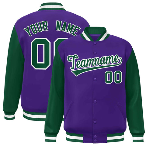 Custom Purple Green-White Raglan Sleeves Varsity Full-Snap Letterman Jacket