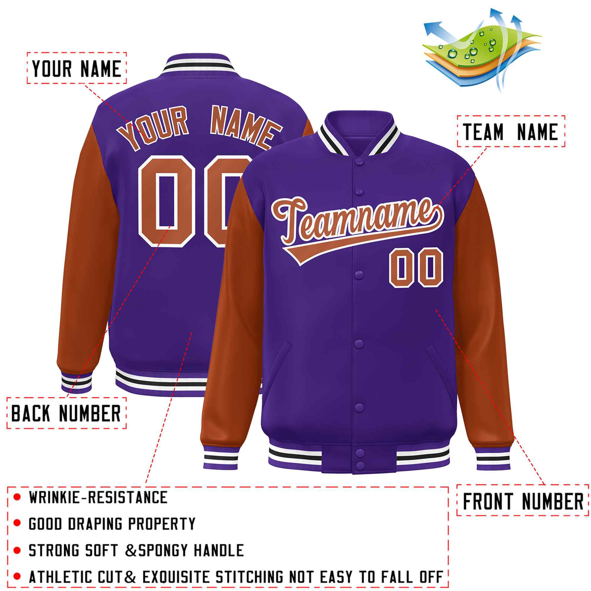 Custom Purple Texas Orange-White Raglan Sleeves Varsity Full-Snap Letterman Jacket