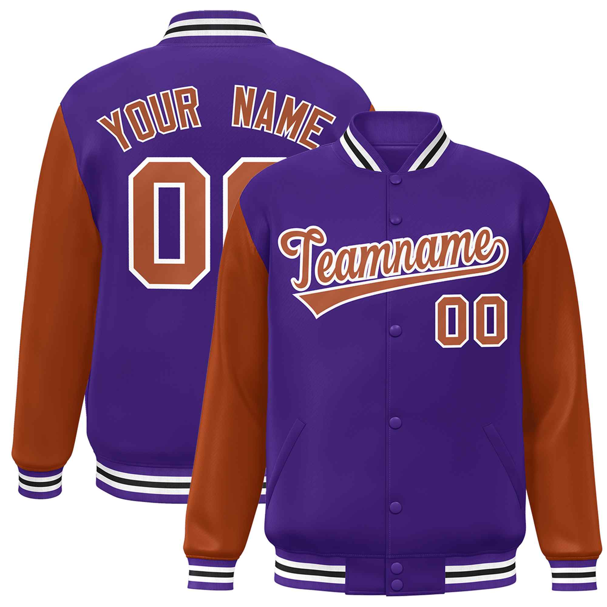 Veste Letterman universitaire à manches raglan violet Texas orange-blanc personnalisée